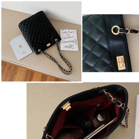 Poly Diamond Pattern Chain leather bucket Crossbody  Women bag Col. Black