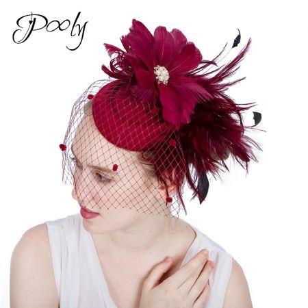 Poly   Fascinators Hats  Feather Flower Veil Pillbox Hat Cocktail Tea Party Headwear Burgundy