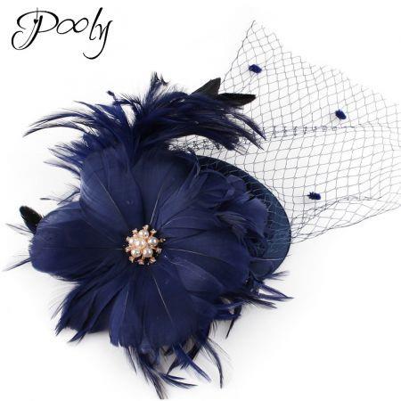 Poly   Fascinators Hats  Feather Flower Veil Pillbox Hat Cocktail Tea Party Headwear Cobalt
