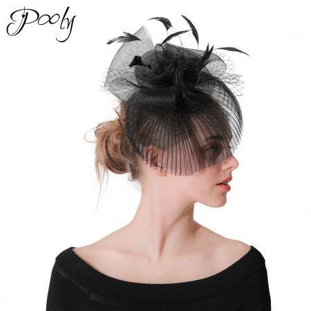 Poly   Side Disc Fascinators Hats  Feather Flower   Pillbox Hat with Veil Cocktail Tea Party Headwear Black&White