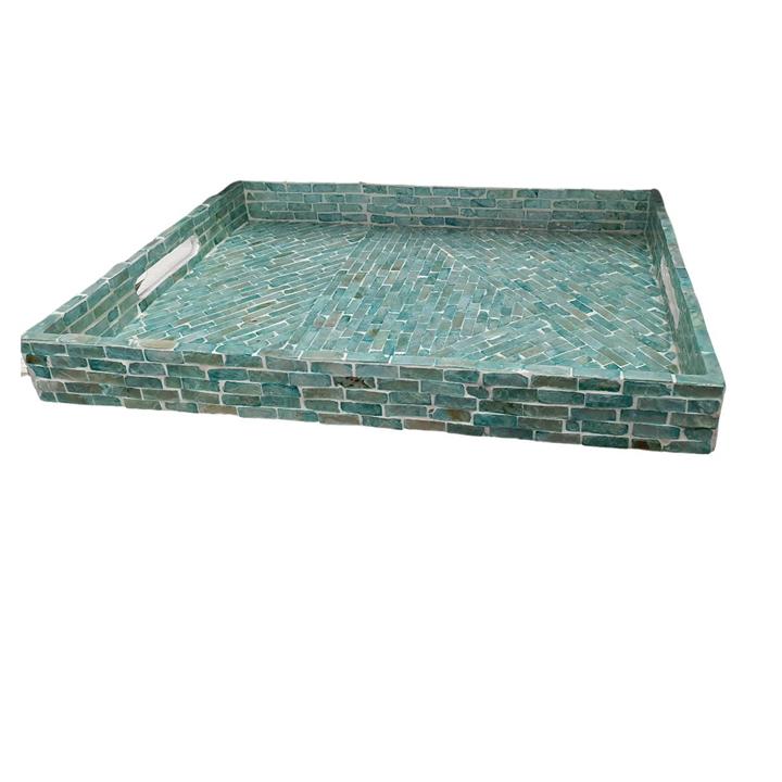 Rectangular Aqua Capiz Shell Tray with Handles - Aqua
