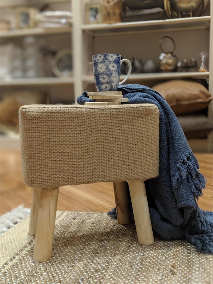 Rectangular Jute Stool with Wooden Pine Legs - Natural