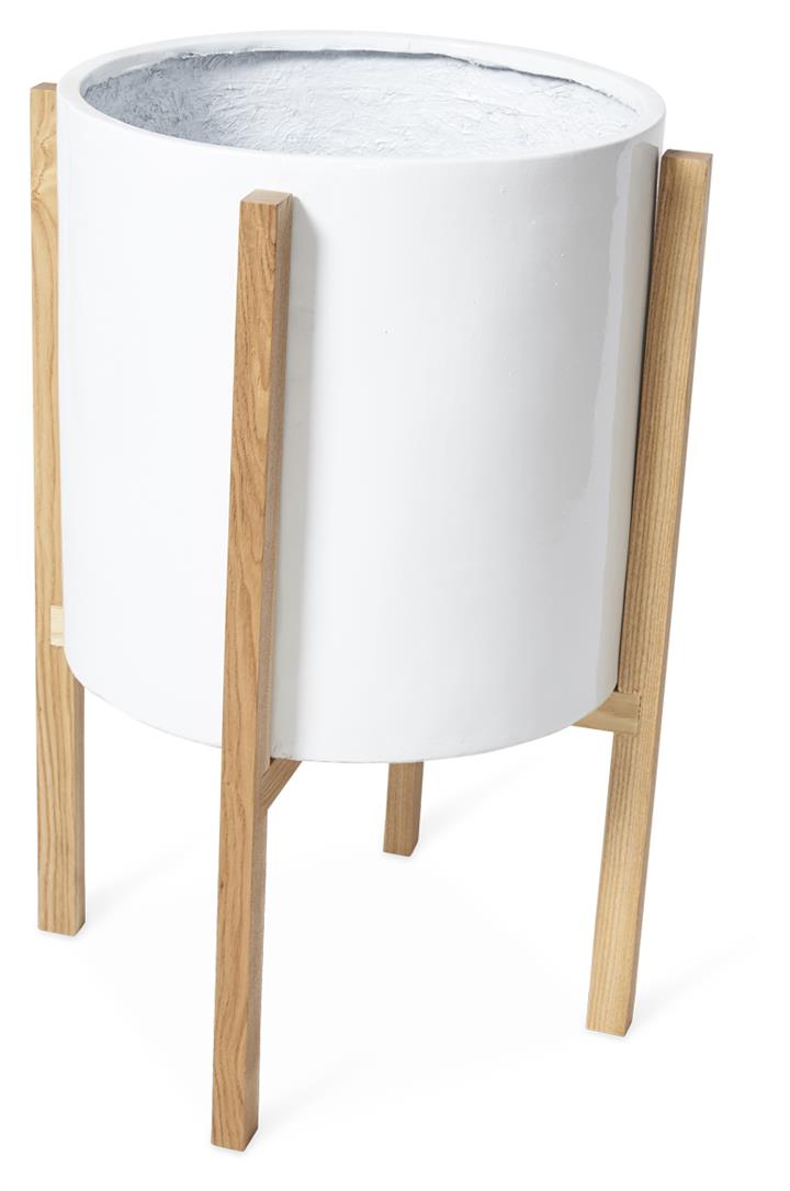 Round Concrete Planter on Wooden Oak Stand Large - White