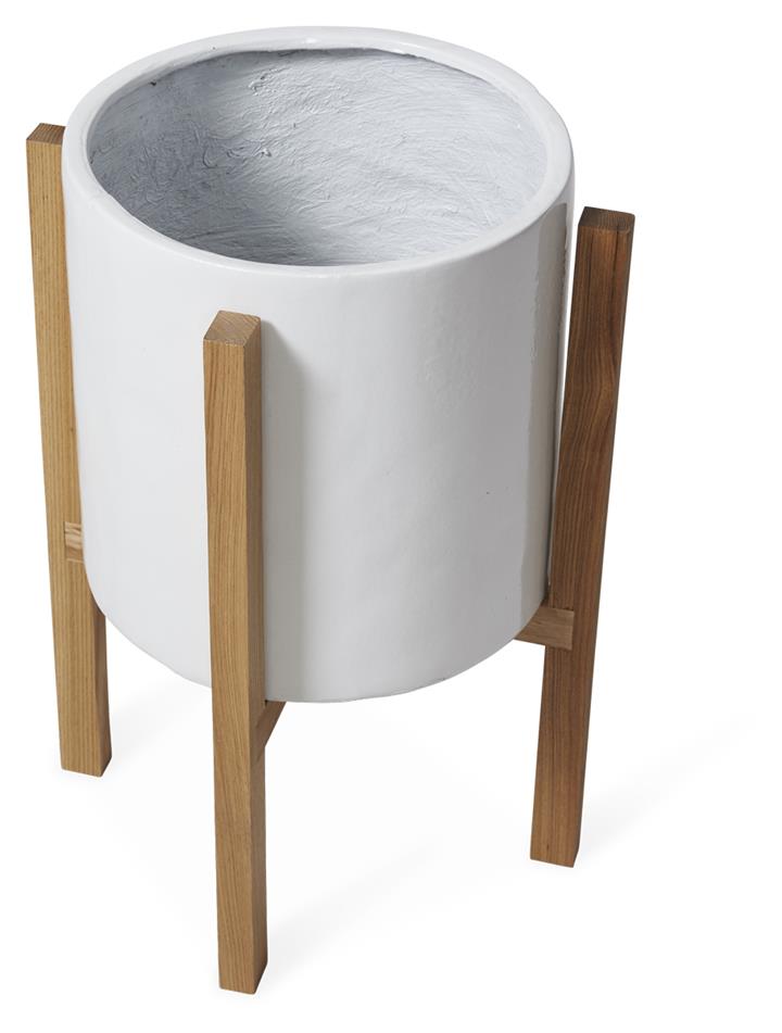 Round Concrete Planter on Wooden Oak Stand Medium - White