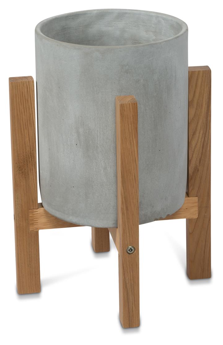 Round Concrete Planter on Wooden Oak Stand Small
