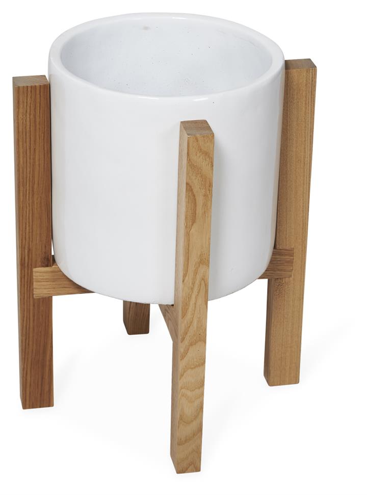 Round Concrete Planter on Wooden Oak Stand Small - White