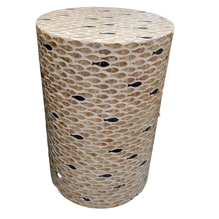 Round Fish Capiz Sheel Side Table - Ivory-Blue