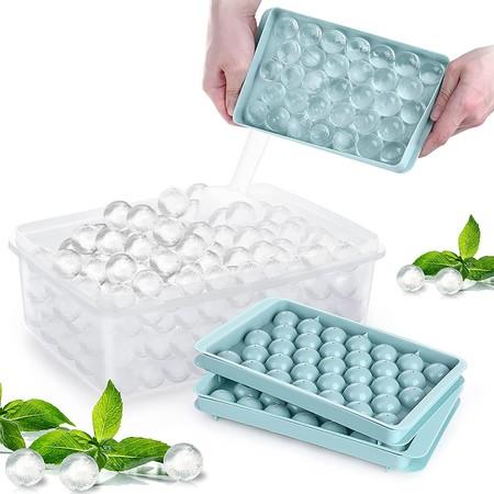 Round Ice Cube Tray With Lid Ice Ball Maker Mold For Freezer With Container Mini Circle Ice Cube(3 Blue Trays)