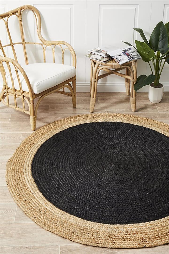 Round Jute Natural Rug Black 200x200cm