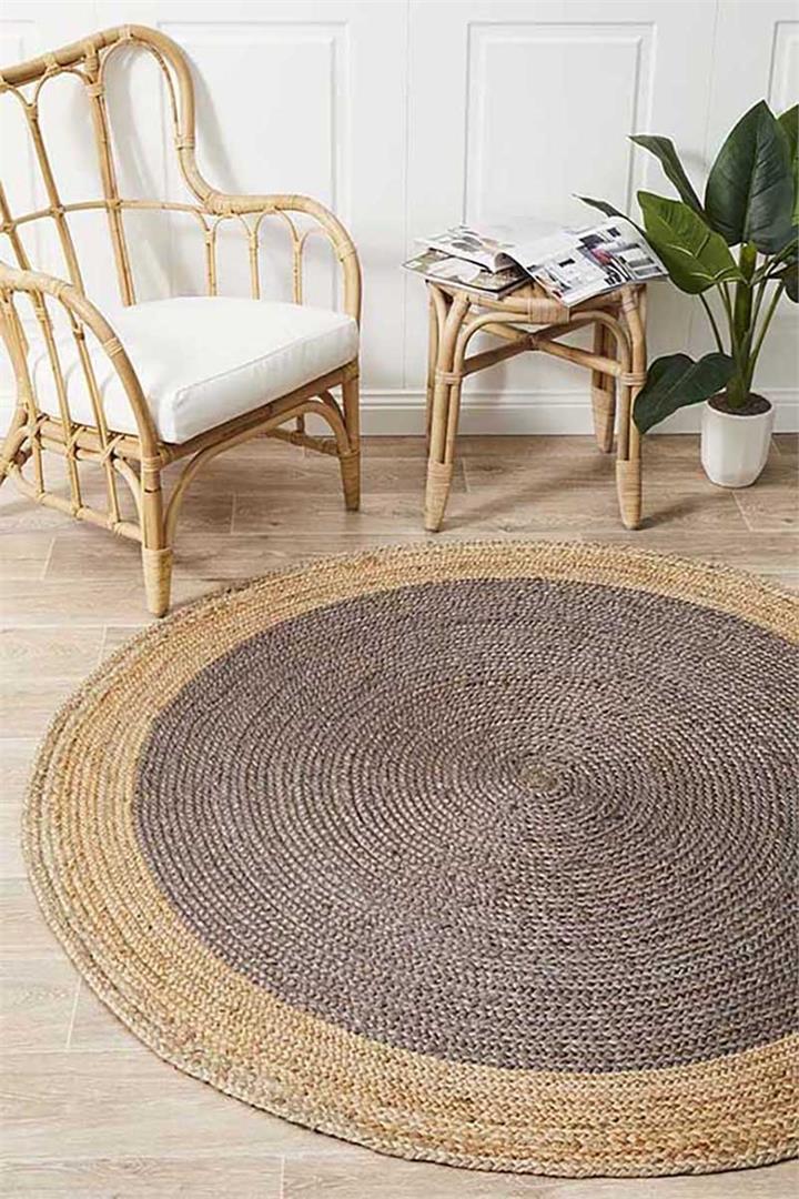 Round Jute Natural Rug Charcoal 120x120cm