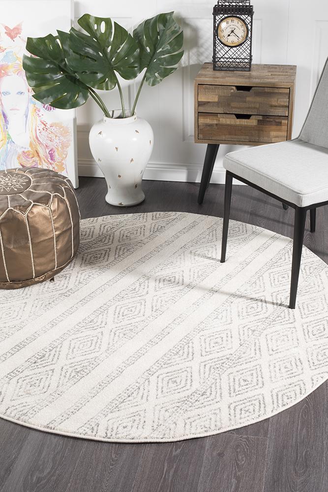 Salma White And Grey Tribal Round Rug 200x200cm
