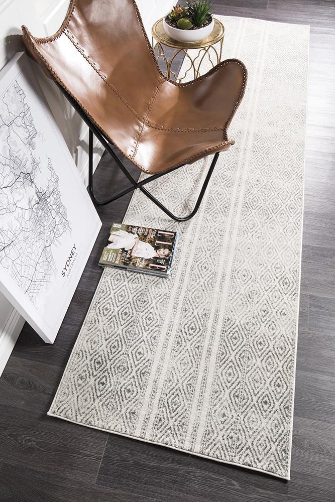 Salma White And Grey Tribal Runner Rug 300x80cm