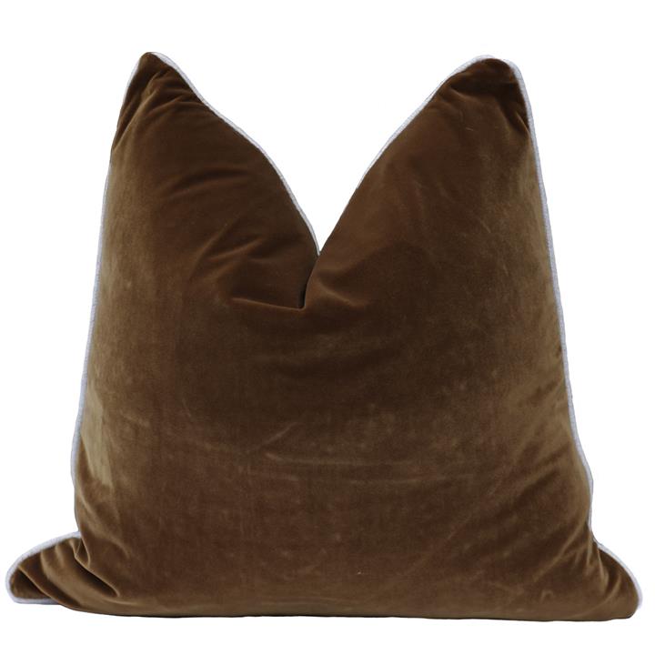 Sass Square Feather Cushion - Caramel Velvet w Natural Linen