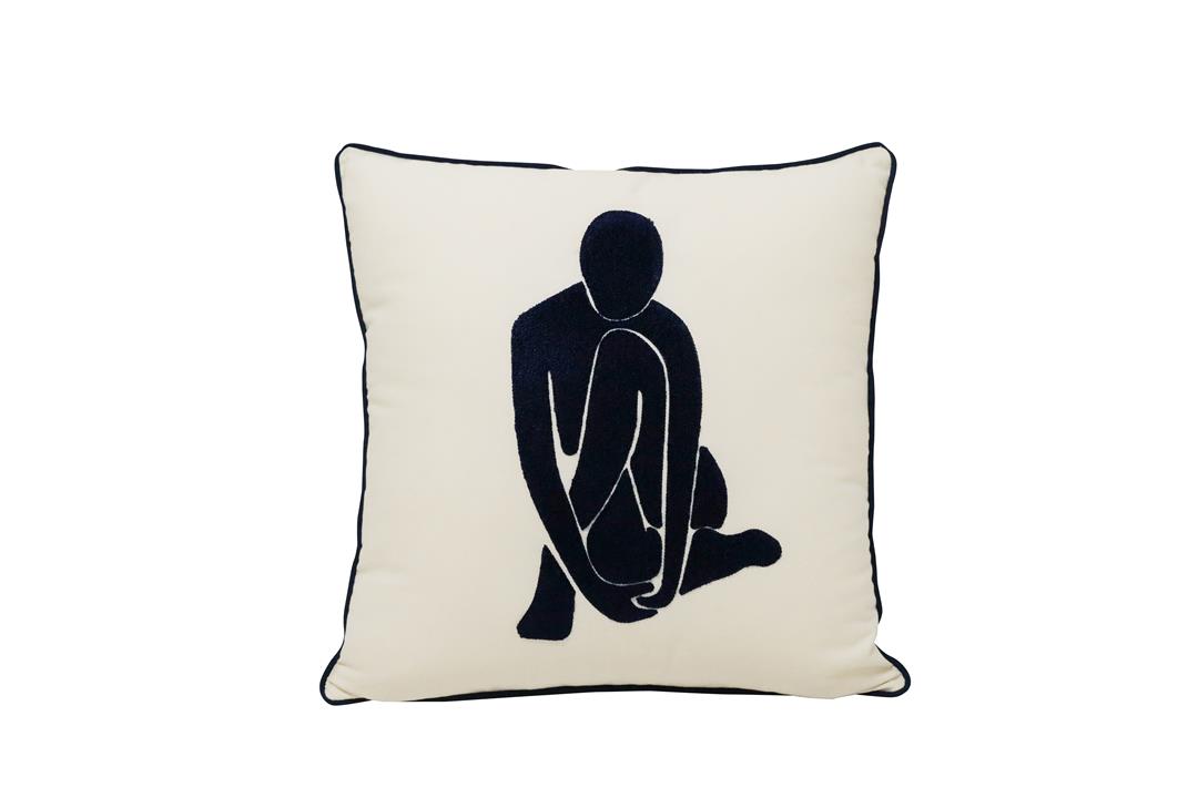 Seated Lady Embroided Cushion - Blue&White
