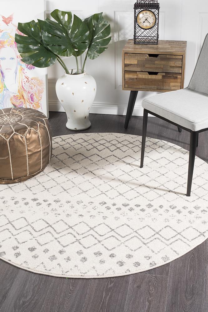 Selma White Grey Tribal Round Rug 200x200cm