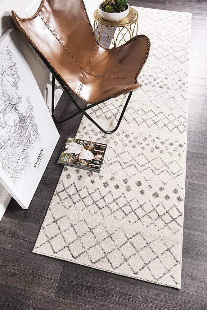 Selma White Grey Tribal Runner Rug 300x80cm