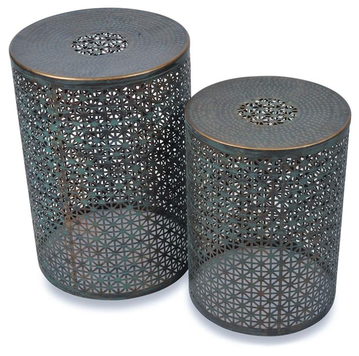 Set Of 2 Kierala Cutwork Side Table - Copper/Green