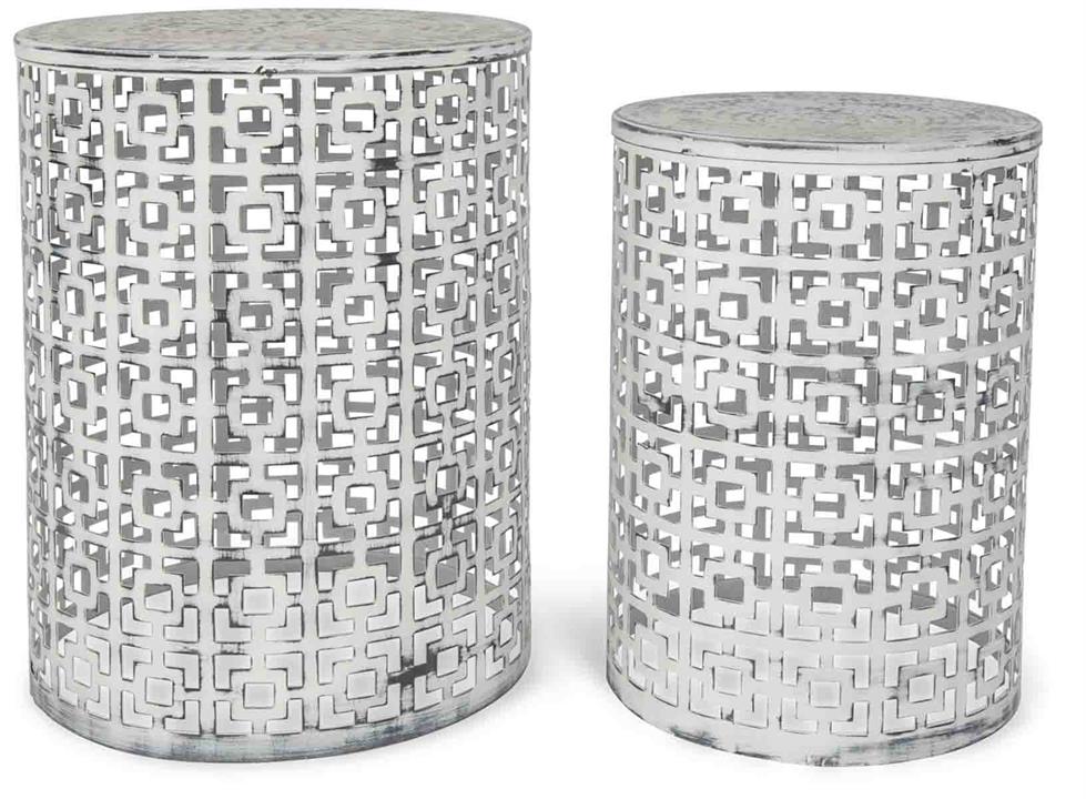 Set of 2 Round Cut Iron Side Tables - White Wash/Antique Black