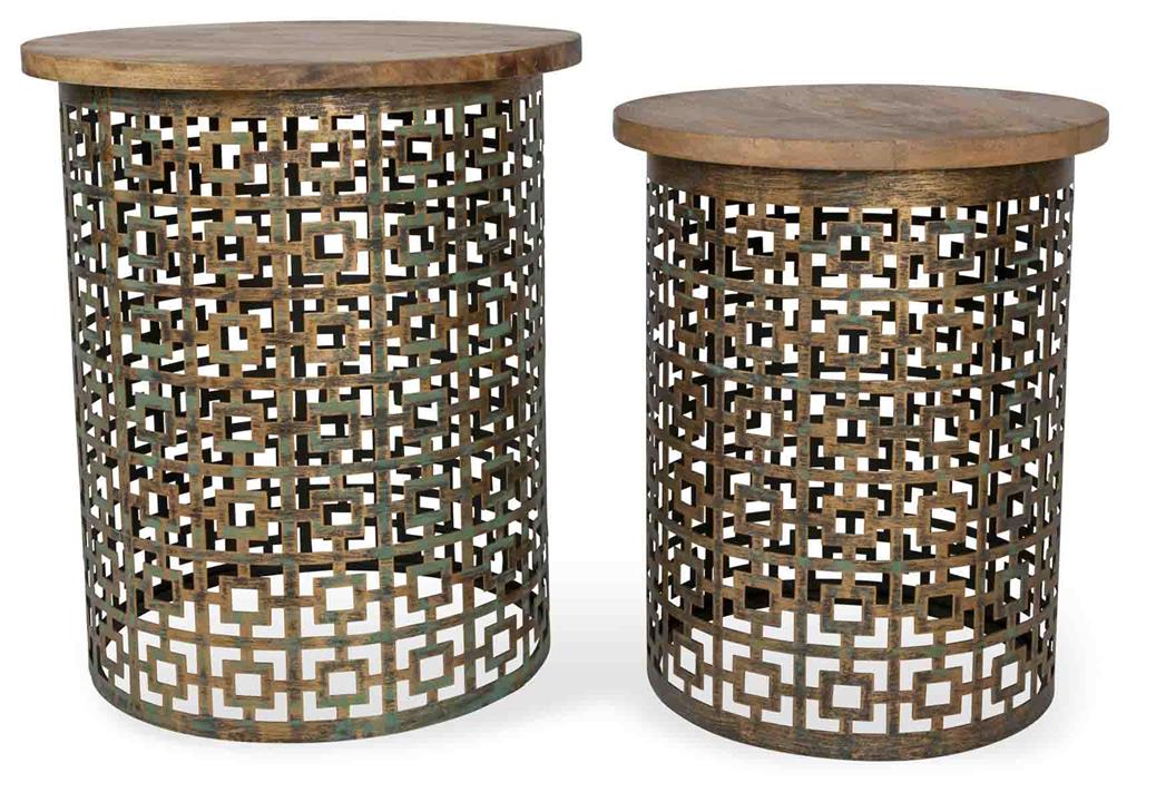 Set of 2 Round Square Cut Iron and Wood Side Tables - Gold /Natural
