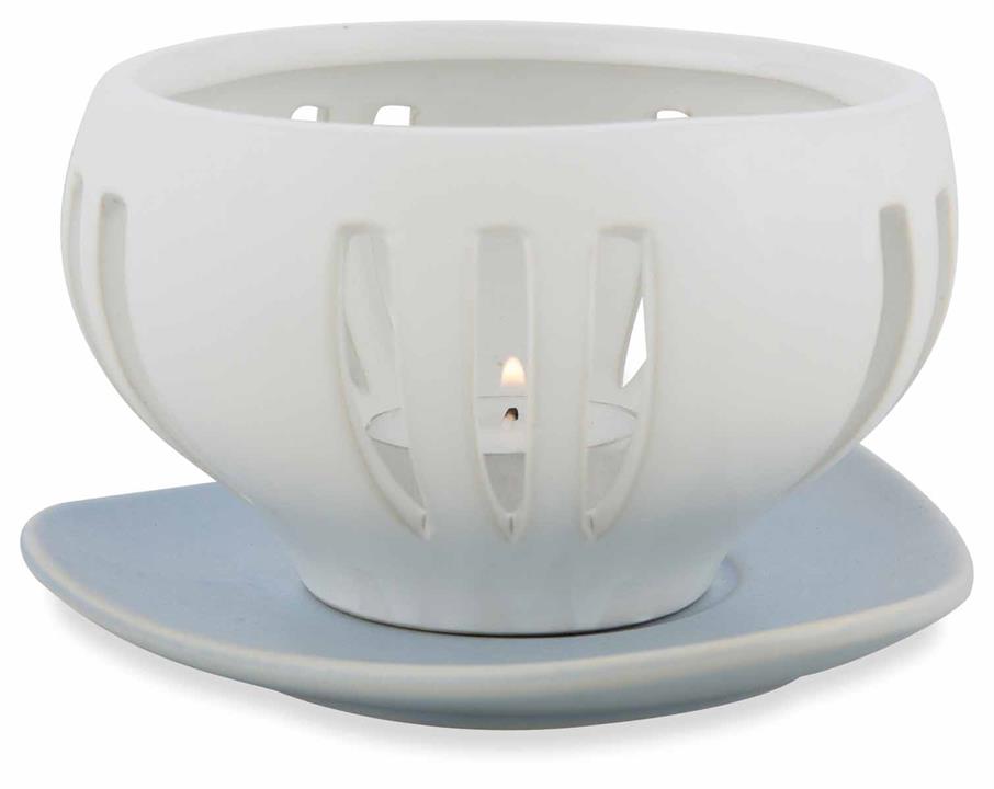 Set of 2 Striated Candle Holders White with Blue Dish