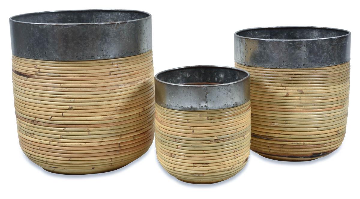Set Of 3 Iron And Rattan Planters With Lining - Natural/Iron