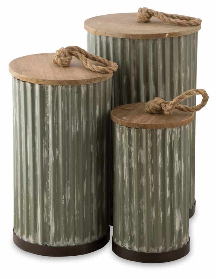 Set of 3 Metal Storage Boxes with Wooden Lids