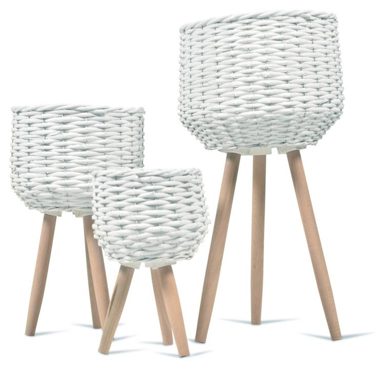 Set Of 3 Woven Planters On Legs - White
