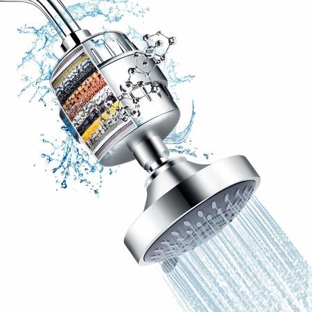 Shower Head and 15 Stage Shower Filter Combo,  5 Spray Settings Filtered Showerhead with Water Softener Filter Cartridge
