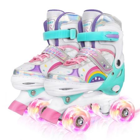 SizeM Kids Teens Roller Skates Adjustable 4 Sizes 4 Light Up Wheels For Size33-37 Col.Pink