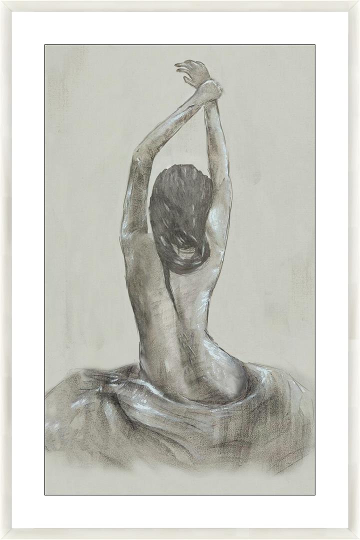 Stretching Lady Glass Framed Print - White