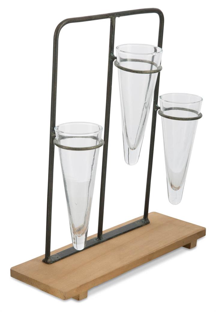 Three Bud Vase on Wood Stand Black