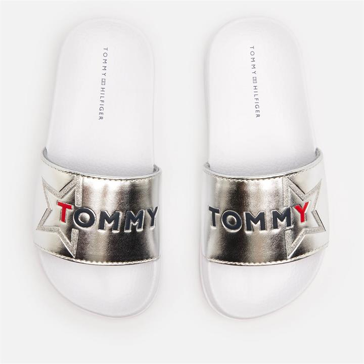 Tommy Hilfiger Kids' Logo Print Sliders - Silver - UK 12 Kids