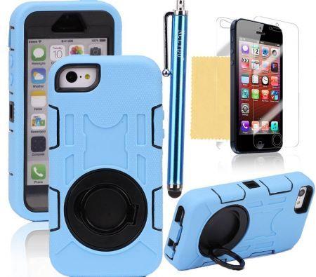 TPU Rubber Heavy Duty Armour Shock Proof case For iPhone 5 5S,with Stylus Pen,Screen Protector and Cleaning Cloth Black/Light Blue