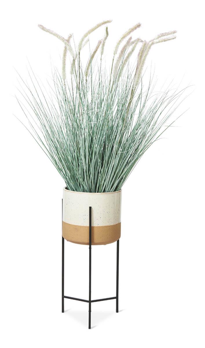 Two Tone Ceramic Pot on Medium Iron Stand - Ivory/Natural
