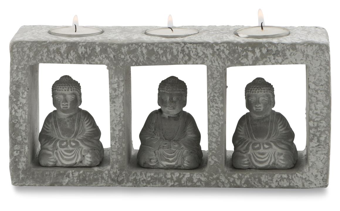 Ubud Cement Three T Lite Buddha Candle Holder with Three White Tea Light Candles