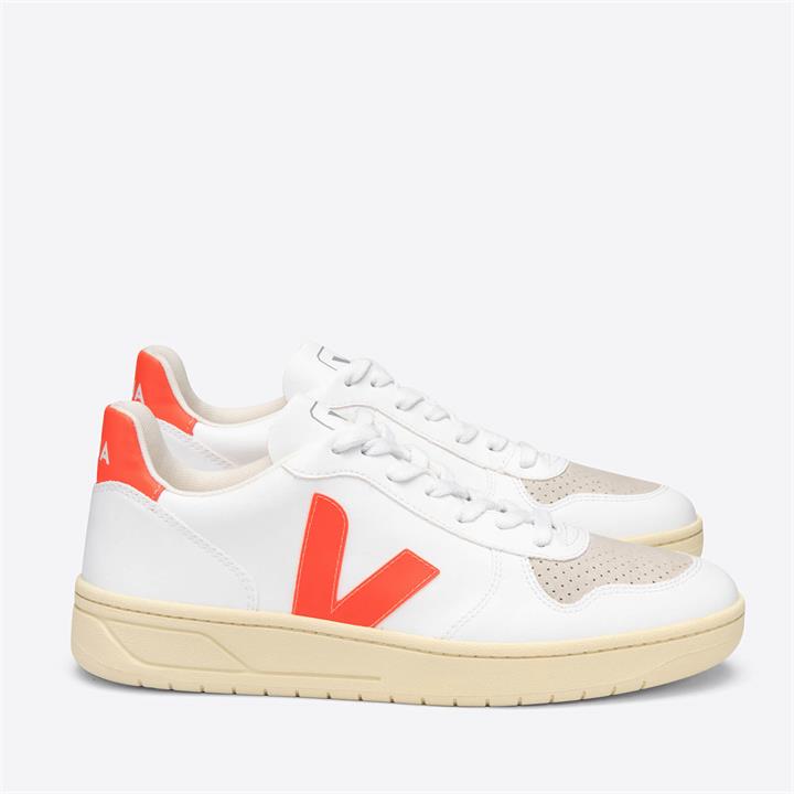 Veja Women's V-10 Vegan Trainers - White/Orange Fluo/Butter Sole - UK 2