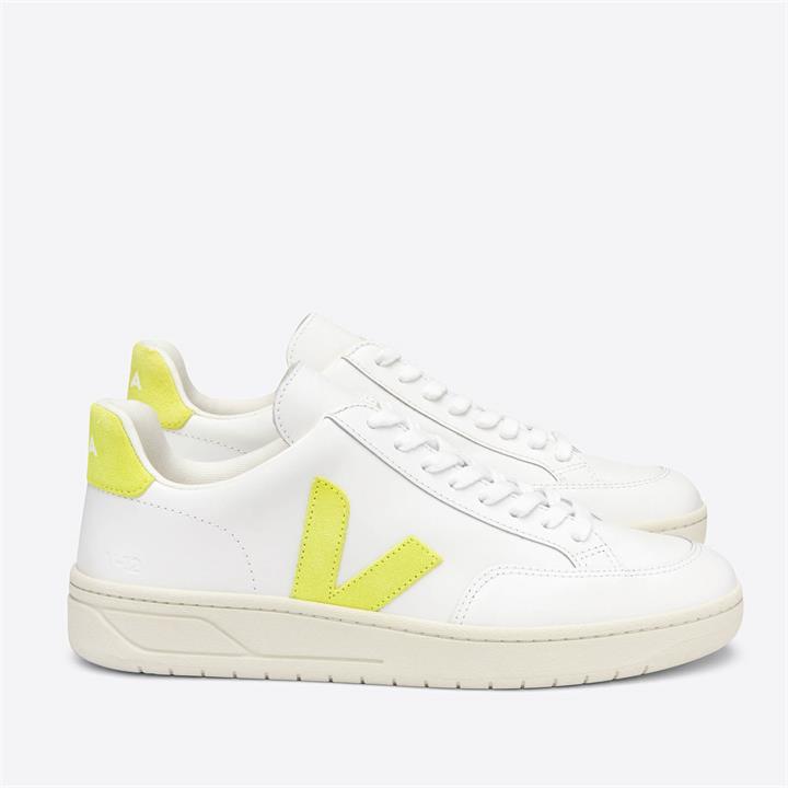 Veja Women's V-12 Leather Trainers - Extra White/Jaune/Fluo - UK 4