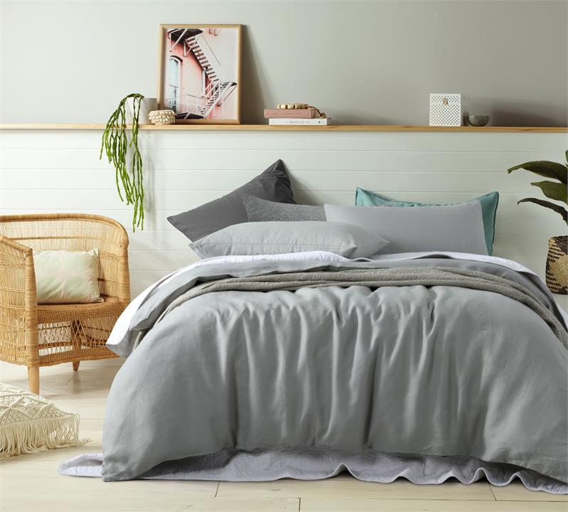 Vintage Design Dove Grey French 100% Linen Quilt Cover Set - King Bed