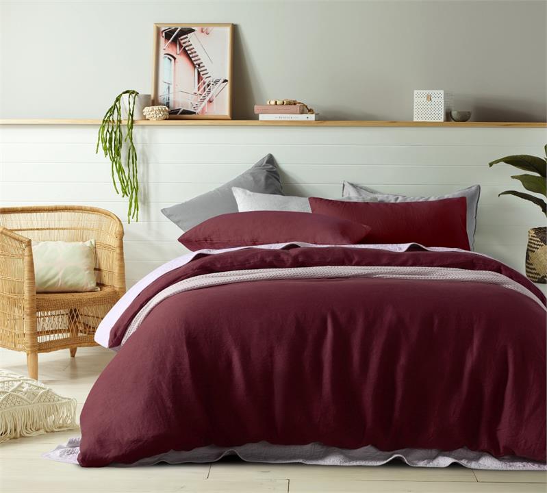 Vintage Design Merlot French 100% Linen Quilt Cover Set - Single Bed
