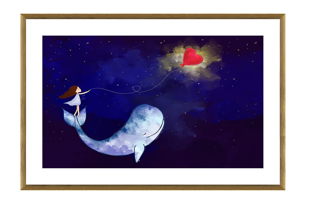 Whimsical Whale Print In Glass With Oak Frame