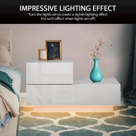 White 2 Drawer Bedside Table Side Table Nightstand L-Shape High Gloss Front LED Light