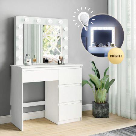 White Dressing Table Dresser Vanity Makeup Table with LED Lighted Mirror and Four Drawers