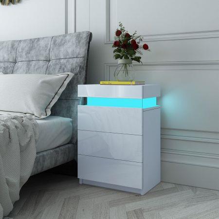 White Modern Nightstand Bedside Tables 3 Drawers High Gloss Front RGB LED