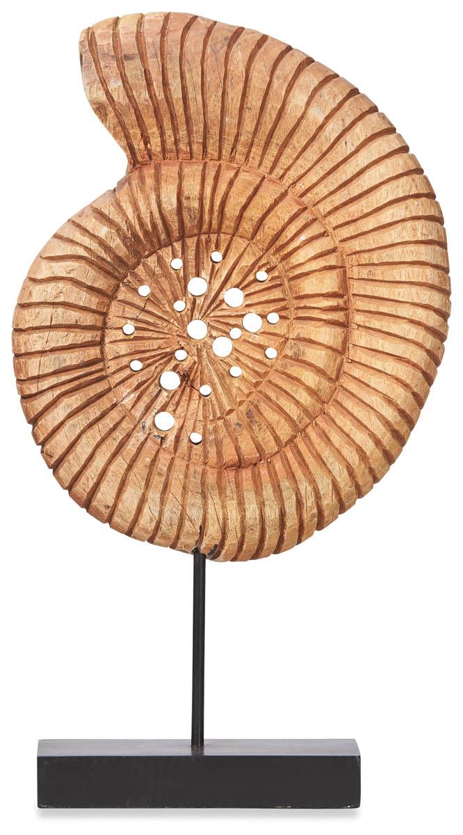 Wooden Chiselled Sea Shell in Mango Wood on Stand - Natural/Black